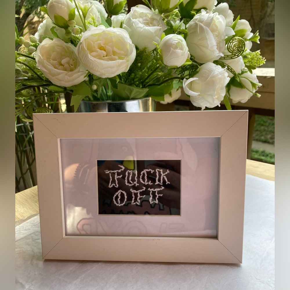 Handmade Needlepoint FUCK OFF White wood and glass frame over black cloth New!